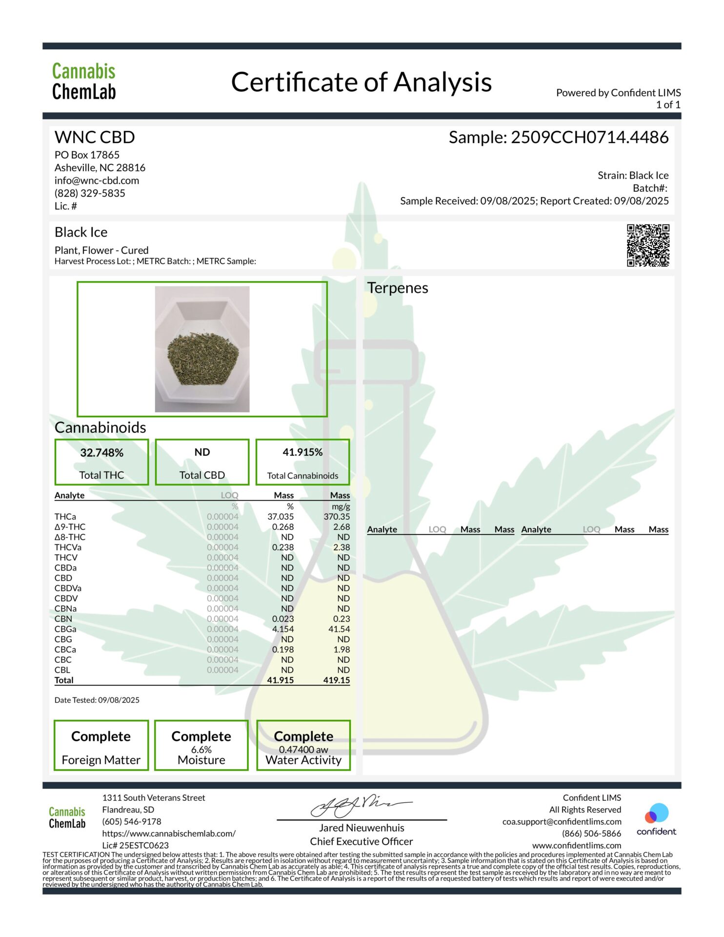 Black Ice High THCa hemp flower analysis certificate, displaying cannabinoid percentages, including 32.748% total THC and 41.915% total cannabinoids, with highlighted terpenes such as limonene and caryophyllene, emphasizing natural and compliant hemp product attributes.